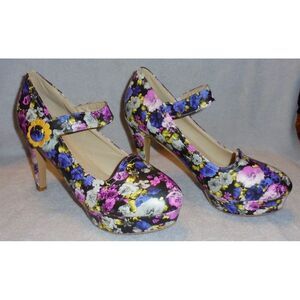 Ladies Ankle Strap Block High Heels Floral‎ Platform Fashion Buckle Pumps Shoes